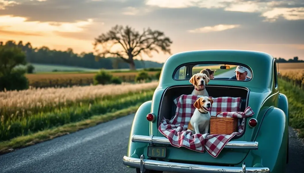 A classic car with a family enjoying a picnic along with their dog.