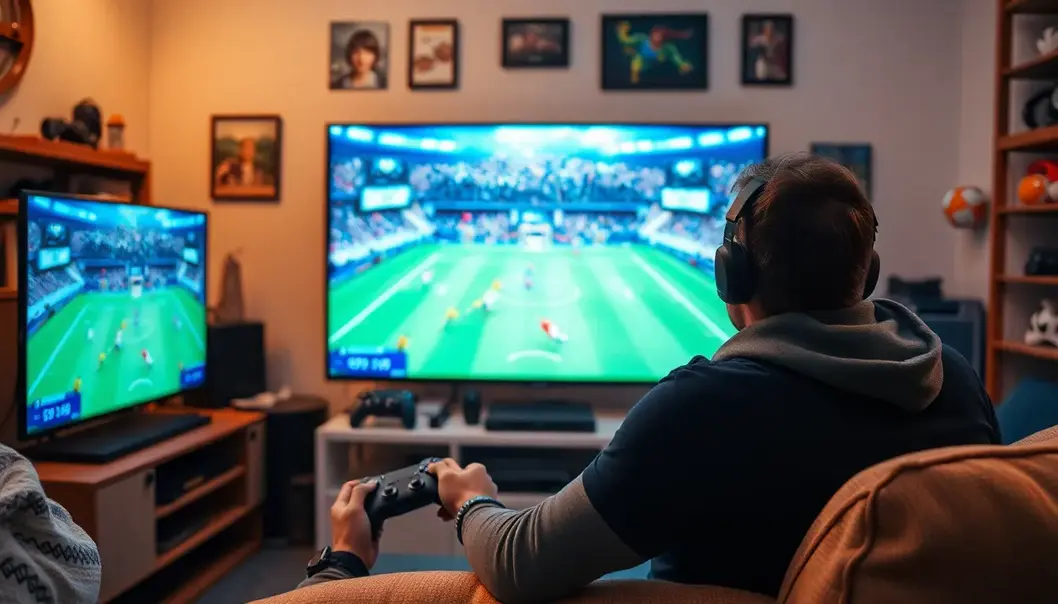 A sports enthusiast enjoying mobile gaming on the go.