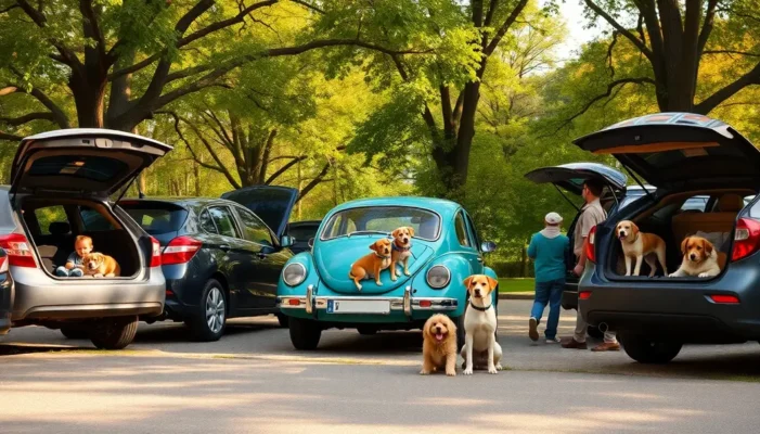 Diverse cars from different eras showing pet-friendly design evolution.