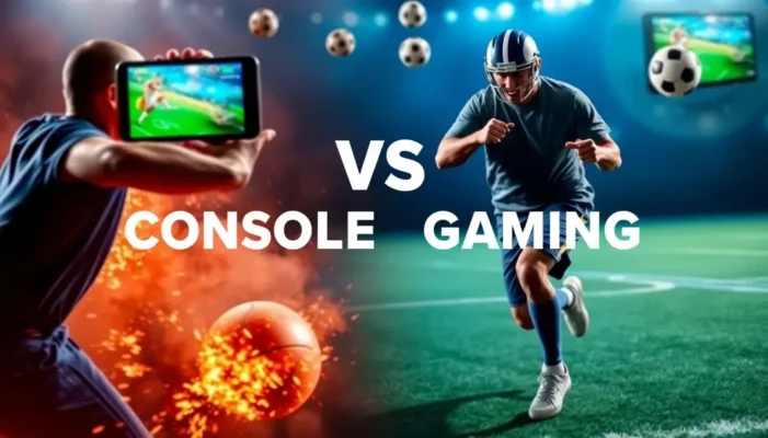 A juxtaposition of mobile and console gaming devices set in a sports-inspired scene, highlighting their competitive nature.