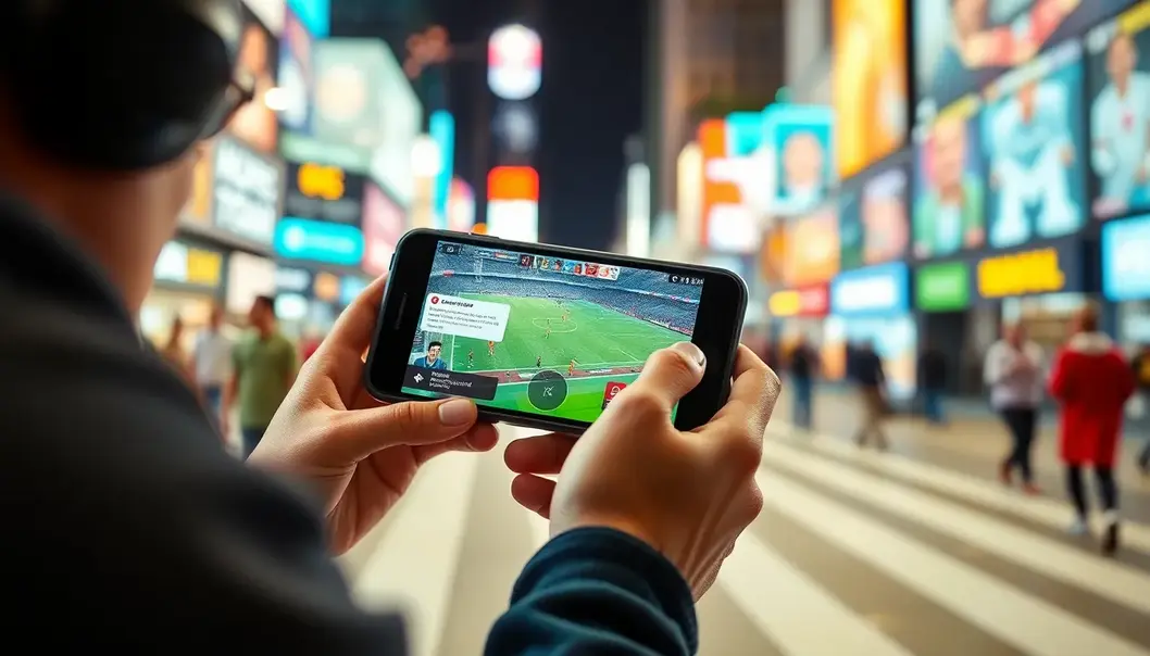 A sports enthusiast enjoying mobile gaming on the go.