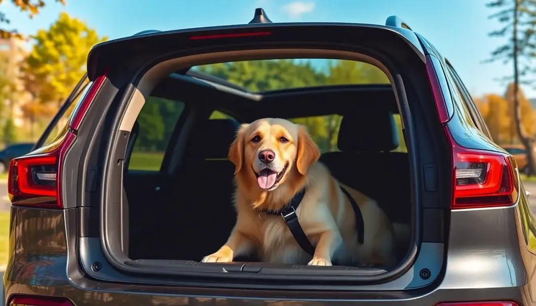 A classic car with a family enjoying a picnic along with their dog.