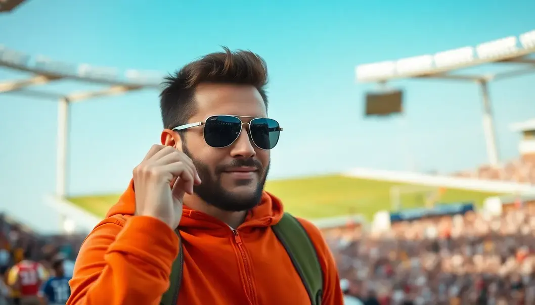 An oval-faced sports enthusiast experimenting with diverse sunglasses styles.