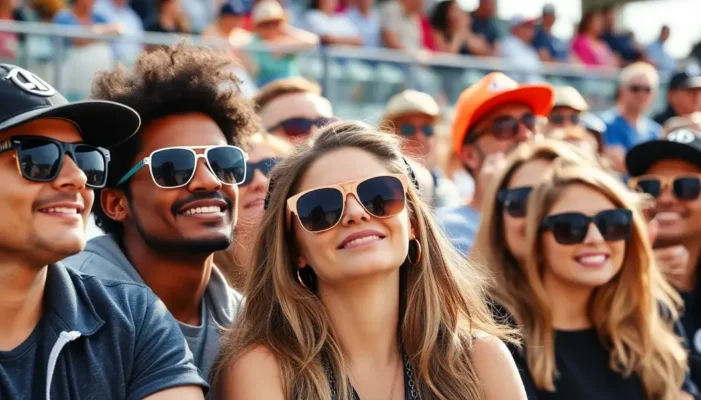 A group of diverse sports fans wearing sunglasses that suit their unique face shapes at a sports event.